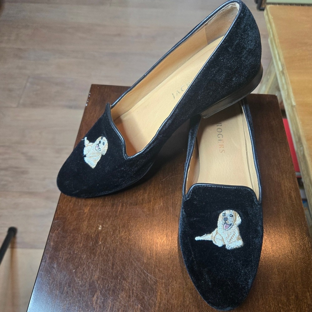 Jack Rogers Velvet Loafers Women Black 8 Embroidered Golden Retriever Dog